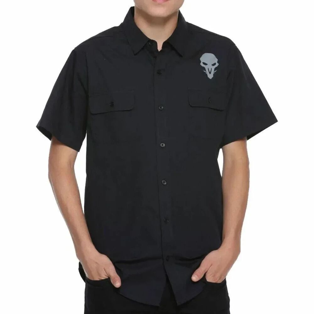 Overwatch Reaper Mens Black Button Up Shirt Large Short Sleeve Pockets Exclusive